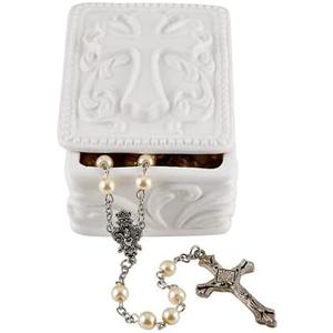 Autom White Porcelain Cross Rosary Jewelry Box (Rectangle)