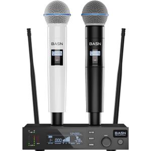 BASN UHF Dual Channel Wireless Microphone System, Handheld Mics for Stage, Karaoke, Weddings, DJ, and Events (Black & White)
