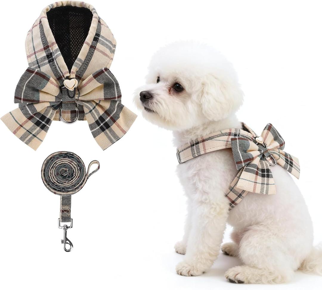 KOOLTAIL Small Dog Harness and Leash Set, Cute Puppy Vest Harnesses with Bowtie, Step in No Pull Soft Mesh Padded Adjustable Plaid Pet Harness for Dogs Cats, Boy Girl,  Beige M
