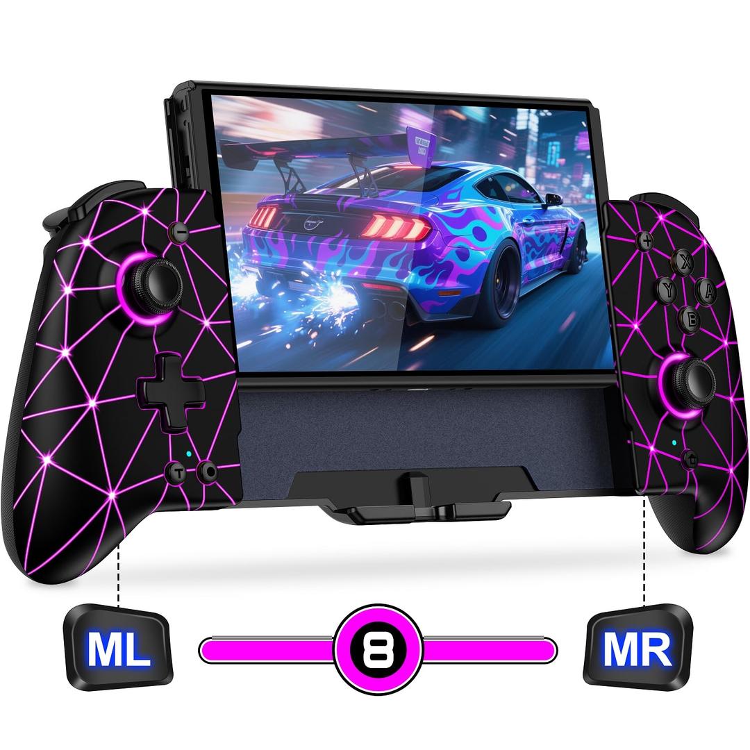 Gammeefy Switch Hall Effect - JC200 Switch Pro Controller for Nintendo Switch - One Piece Joypad with 9 Color Lights - Handheld Mode (Grid Pattern)