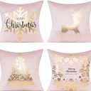 All Smiles Pink Gold Christmas Decorations Throw Pillow Covers Cases 18x18 Set of 4 Winter Xmas Indoor Home Holiday Dcor Ornaments Velvet Navidad Cushion for Sofa Tree Snowflake Reindeer
