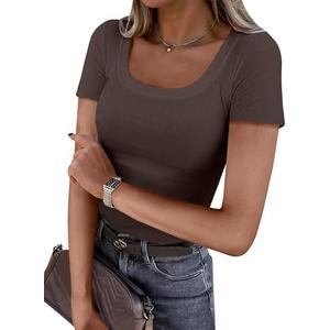 ANRABESS Women Short Sleeve Tops Scoop Neck Ribbed Knit Slim Fitted Basic Tee Shirts Casual Summer Clothes 2025 Fall Outfits, Medium