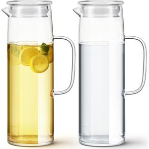 Hsei 2 Sets Glass Pitcher with Lid, 50 oz / 1500 ml Water Carafe with Handles Hot Cold Beverage Water Jar Glass Jug for Tea Juice Milk Coffee Iced Beverage (Glass Lid)