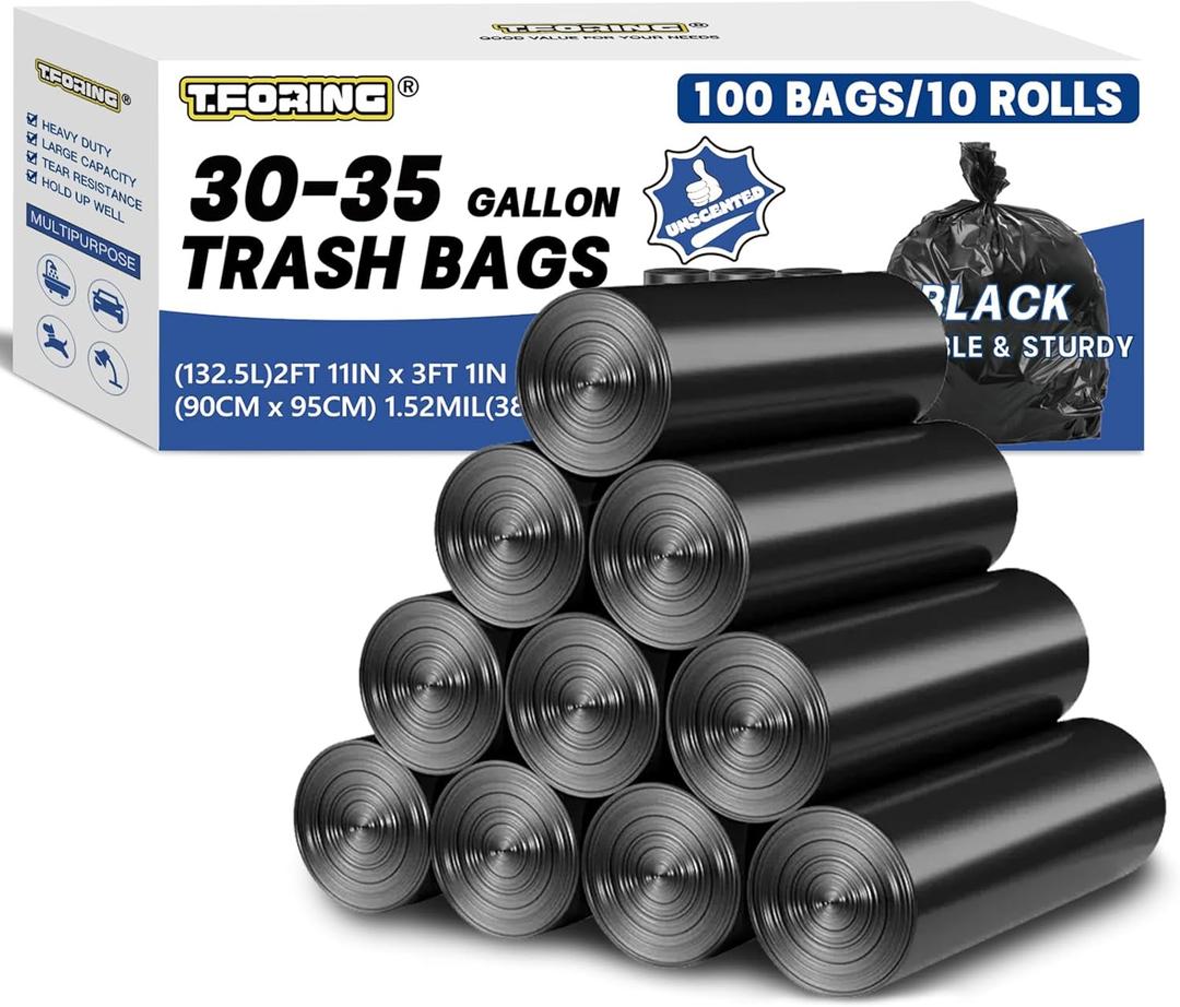 30-35 Gallon Trash Bags Heavy Duty 1.5 Mil - 31" x 39" 100 Count Large Black Garbage Bags 30+ Gallon Strong Plastic Trash Can Liners for Home Kitchen Commercial Lawn and Leaf