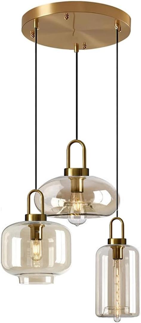 3-Light Amber Glass Pendant Lights Rustic Farmhouse Ceiling Light Fixture for Kitchen Island, Dining Room, or Living Room Large Multi-Shape Hanging Light (Heteromorphic)