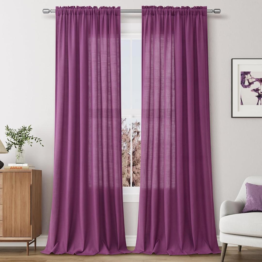 Guken Purple Linen Curtains 108 Inch Length for Living Room Bedroom 2 Panels Set Rod Pocket Light Filtering Semi Sheer Window Curtains 52 Inch Width Boho Farmhouse Linen Drapes, W52xL108
