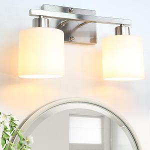 CANMEIJIA 2-Light Bathroom Vanity Light Fixtures Brushed Nickel, Morden Vanity Wall Scones Lighting for Bedroom Living Room, Vanity Lights with Milky White Glass Shades, E26 Socket, Bulbs Not Included (2 light-Brushed Nickel)