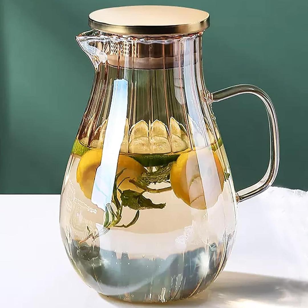 Glass Pitcher With Lid Amber Round Water Carafe with handle and Spout for Homemade Beverage, Juice,Hot Coffee, Iced Tea and Milk 62oz