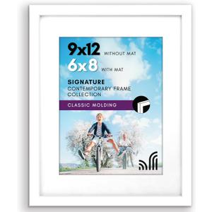 Americanflat 9x12 Picture Frame with Shatter-Resistant Glass - Use as 6x8 Frame with Mat or Display 9x12 Photo Without Mat - Signature Collection - Picture Frames for Tabletop and Wall Display - White
