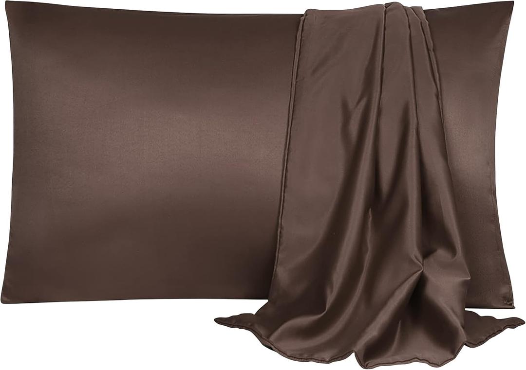 uxcell 2 Pack Silk Satin Pillowcase for Hair and Skin, Cool, Silky, Soft Breathable Pillow Cases Travel Size 14x20 Inch Sateen Pillowcase Brown with Envelope Closure