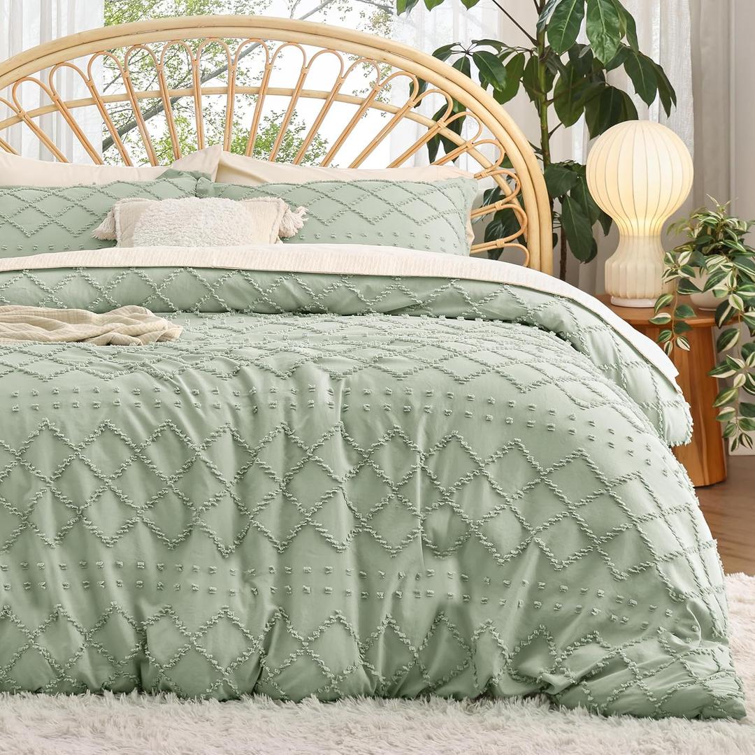Bedsure Boho Duvet Cover King Size - Boho Bedding, Tufted King Duvet Cover for All Seasons, 3 Pieces Embroidery Shabby Chic Home Bedding,Comforter Not Included (Sage Green, 104" x 90")