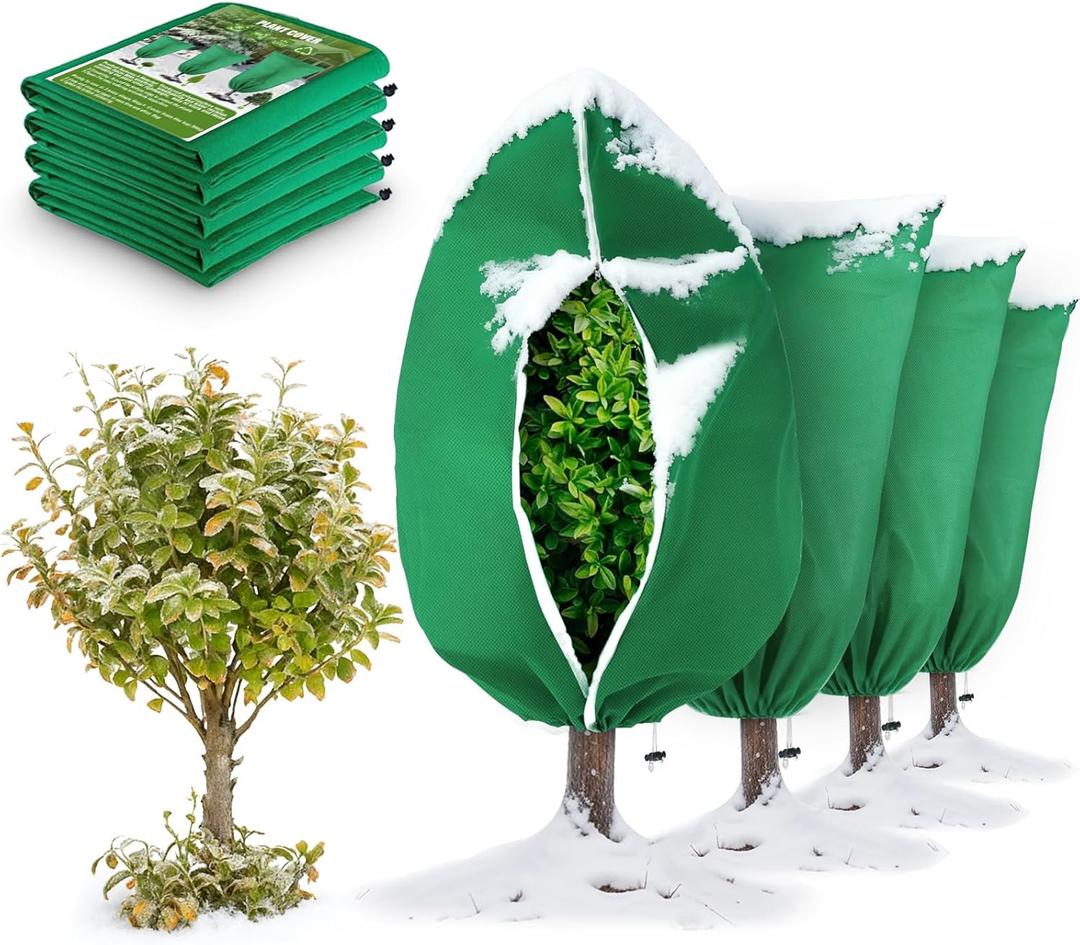 5Pcs Plant Frost Protection Covers 23.6x31.5 Inches  Reusable Breathable Freeze Blankets with Drawstring, Waterproof Non-Woven Fabric Frost Cloth for Winter Plant, Shrub, Tree, and Garden Protection