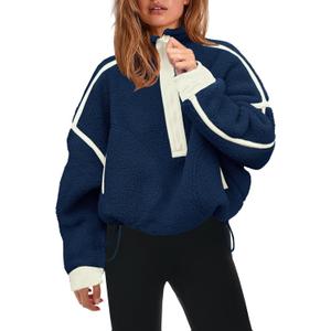 Panadila Womens Half Zip Sherpa Fleece Pullover Soft Oversized Sweatshirt with Pockets Warm Fuzzy Sweater (Blue, XS)