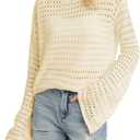 QUALFORT Women's Crochet Sweater, Hollow-Out Knit Long Sleeve Pullover (L)