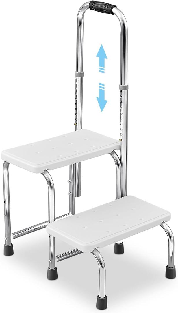 Kigley Adjustable Step Stool with Handle and Non Skid Platform 2 Steps Medical Foot Stool Multi Functional Step Ladder Heavy Duty Holds 350 Lbs Easy Installation Bed Stairs for Adults Elderly Handicap