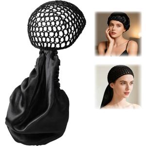 2 In1 Wrap Cap Bonnet Reversible Adjustable Tie Band, Silk Bonnet Hair Wrap Cap for Silk Press, New Satinbonnet for Sleeping, Double Layered Nettie Band for Curly Natural and Braided Hair (Black)