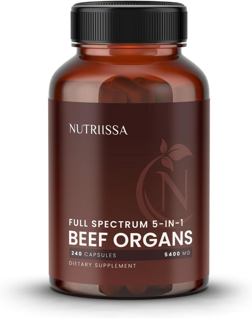 Nutriissa Full-Spectrum Beef Organ Capsules 5400 mg  Grass-Fed Liver, Heart, Kidney, Spleen & Pancreas  EPEB Certified for Purity & Potency  240 Capsules