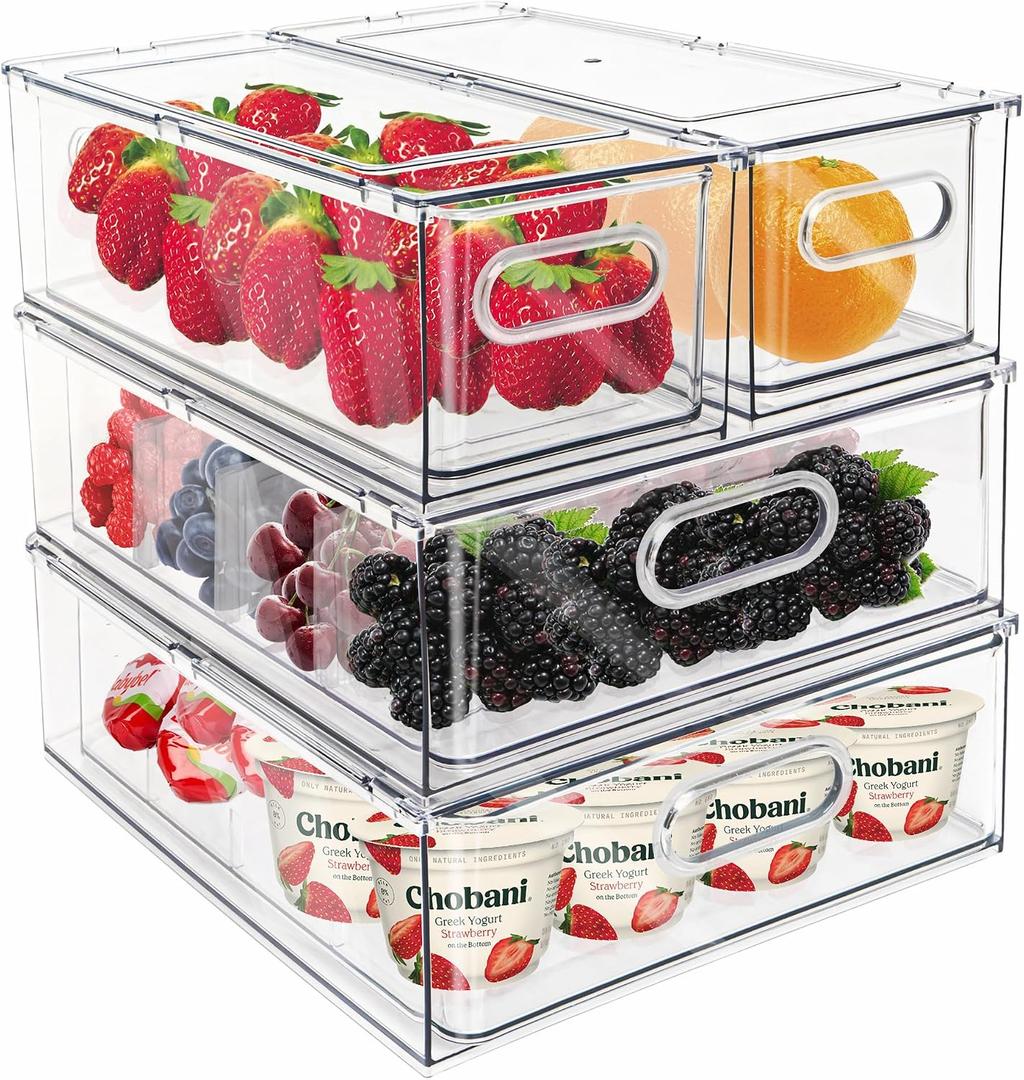 Mano Fridge Drawer Pull Out Stackable Bins with Handle Clear Refrigerator Drawers Organizer Food Storage Container Box with Dividers Plastic Produce Saver for Pantry, Cabinet, Kitchen, Clothes（4Pack) 2*3L+2*6L