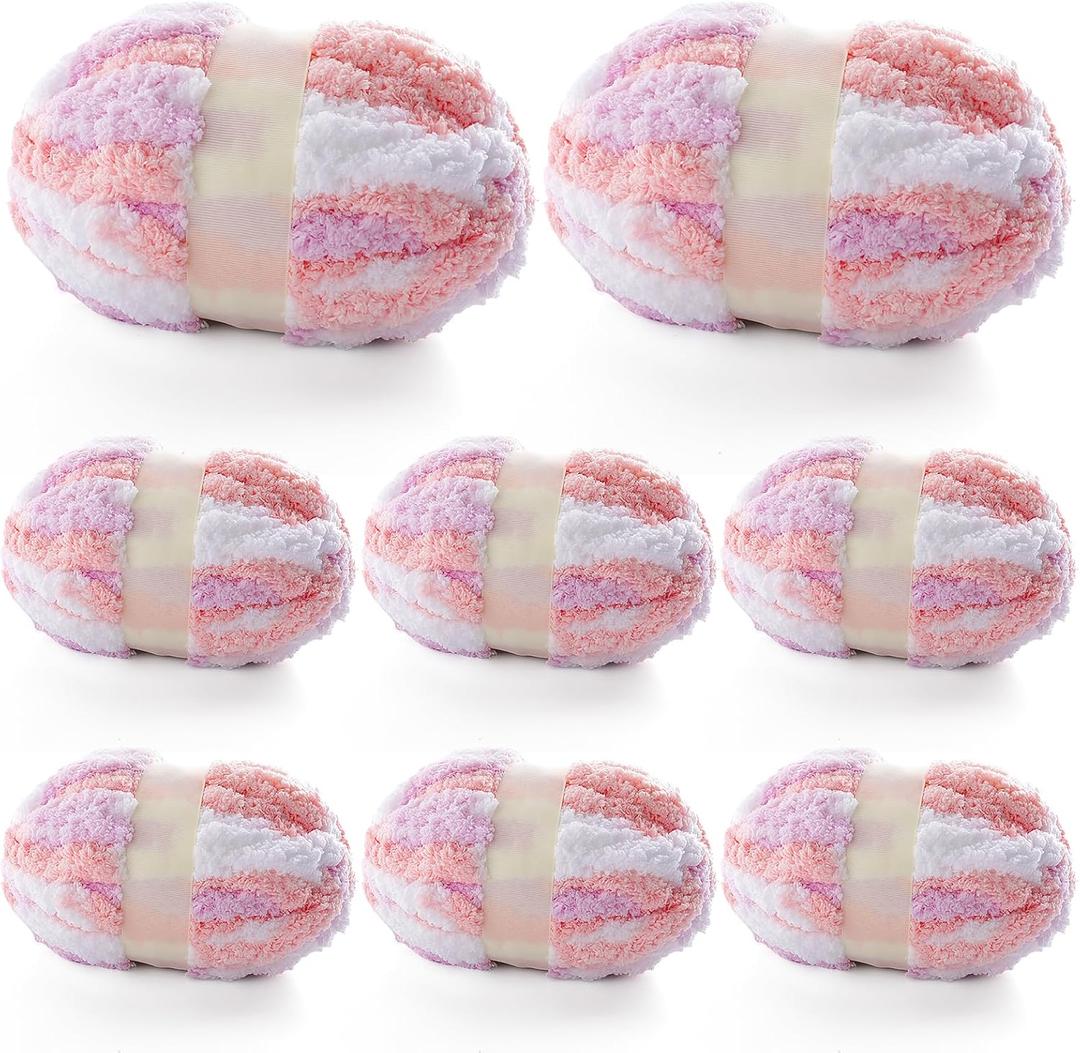 8 Pcs Chunky Yarn for Hand Knitting - Chunky Chenille Yarn for Crocheting - Fluffy Yarn for Crochet - Jumbo Yarn for Hand Knitting 227 yds 61.6 oz of Super Bulky Yarn (Pink-Purple-White)
