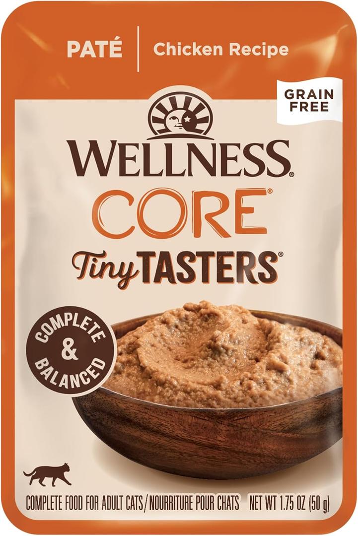 Wellness CORE Tiny Tasters Pate Adult Wet Cat Food, Natural, Protein-Rich, Grain Free, 1.75 Ounce Pouch, 12 Pack (Chicken), BB Date: 10/02/2026