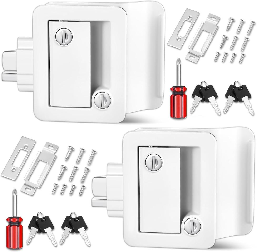 2 Pack RV Entry Door Locks, 100% Metal Camper Lock, Travel Trailer Door Latch, RV Lock Replacement Kit with Paddle Deadbolt, for Camper Horse Trailer Cargo Hauler Truck, White