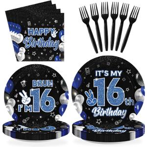 96 Pcs 16th Birthday Decorations for Boys Blue and Black Plates and Napkins Disposable Glitter It's My 16th Birthday Party Supplies for Boys Kids Teenager 16 Years Old Party DecorServes 24