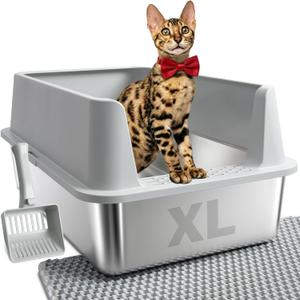 Stainless Steel Litter Box, Extra Large Litter Boxes for Big Cats, XL Metal Cat Litter Box with High Sides Lid, Anti-Urine Leakage, Never Absorbs Odors, Easy Cleaning, Non-Stick, Include Scoop and Mat (1pcs-XL:23"x14.6"x10")