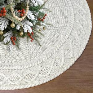 36 Inch Christmas Tree Skirt, Ivory White Knitted Tree Skirt, Vintage Rustic Farmhouse Christmas Decorations Home Party Holiday Xmas Ornaments