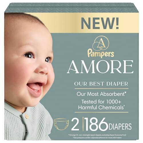 Pampers Amore, Size 2 (10-22 lbs), 186 Count, Our Best Diaper – Hypoallergenic & Fragrance Free, Up to 100% Leakproof, Soft as Cashmere