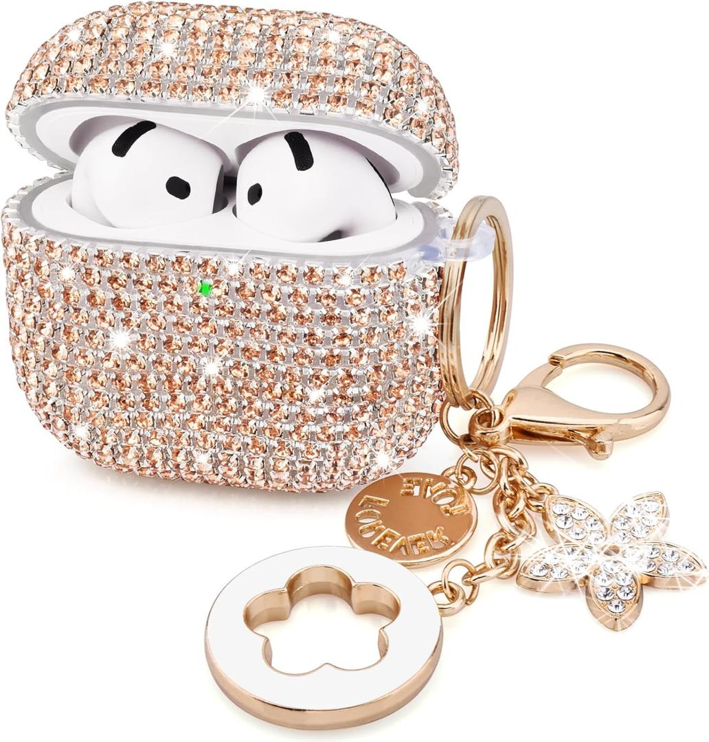 VISOOM Cute Jewelry Case for Airpods 4 Cases 2024 Cover Women, Sparkly Air pods 4 Gen Case Hard TPU Airpod Cases 4th Generation Glitter iPods 4 Cas with Bling Keychain for iPods Earbuds Airpods 4th (J-Champagne Gold)