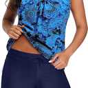 Aqua Eve Two Piece Women's Tankini Swimsuits Blouson Swim Tank Top with Shorts Modest Bathing Suits (Large, Blue Paisley)