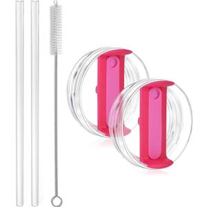 40oz Travel Tumbler Lid Compatible for Stanley,2 Pack Clear Replacement Lids 2 Pcs Extra Long Reusable Plastic Straws and 1 Pcs Cleaning Brush.(Hot Pink)