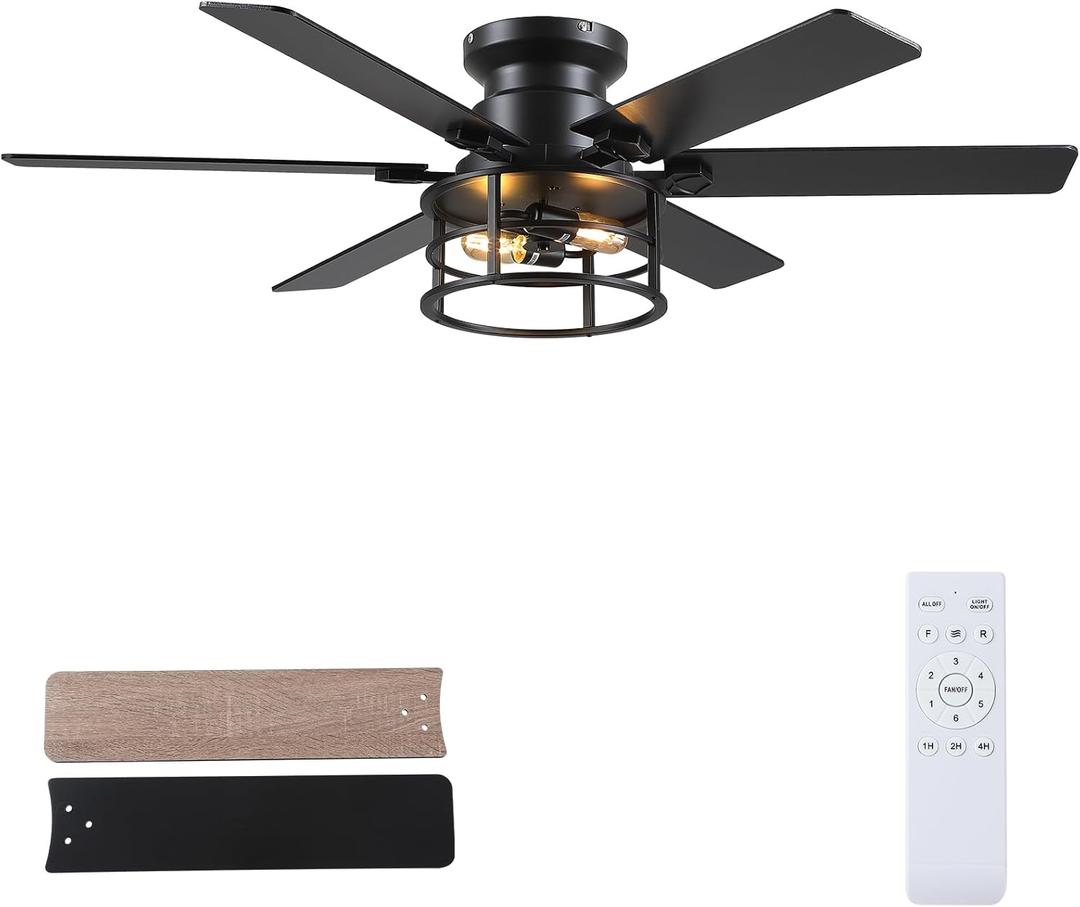 Ceiling Fans with Light and Remote,52inch Farmhouse DIY Caged Flush Mount Ceiling Fan with Reversible DC Motor Dual Finish 6 Blades,6 Speed Black Ceiling Fan for Patio,Bedroom,Indoor and outdoor