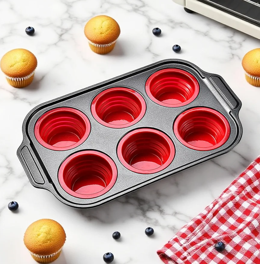 Silicone Muffin Pan Molds, 6 Cups Muffin Pans with Metal Frame, Muffin Pans for Baking, Non Stick Baking Tray for Ovens, Bakeware with Press to Release Design, Cake Pop Mold, Silicone Egg Molds, Red
