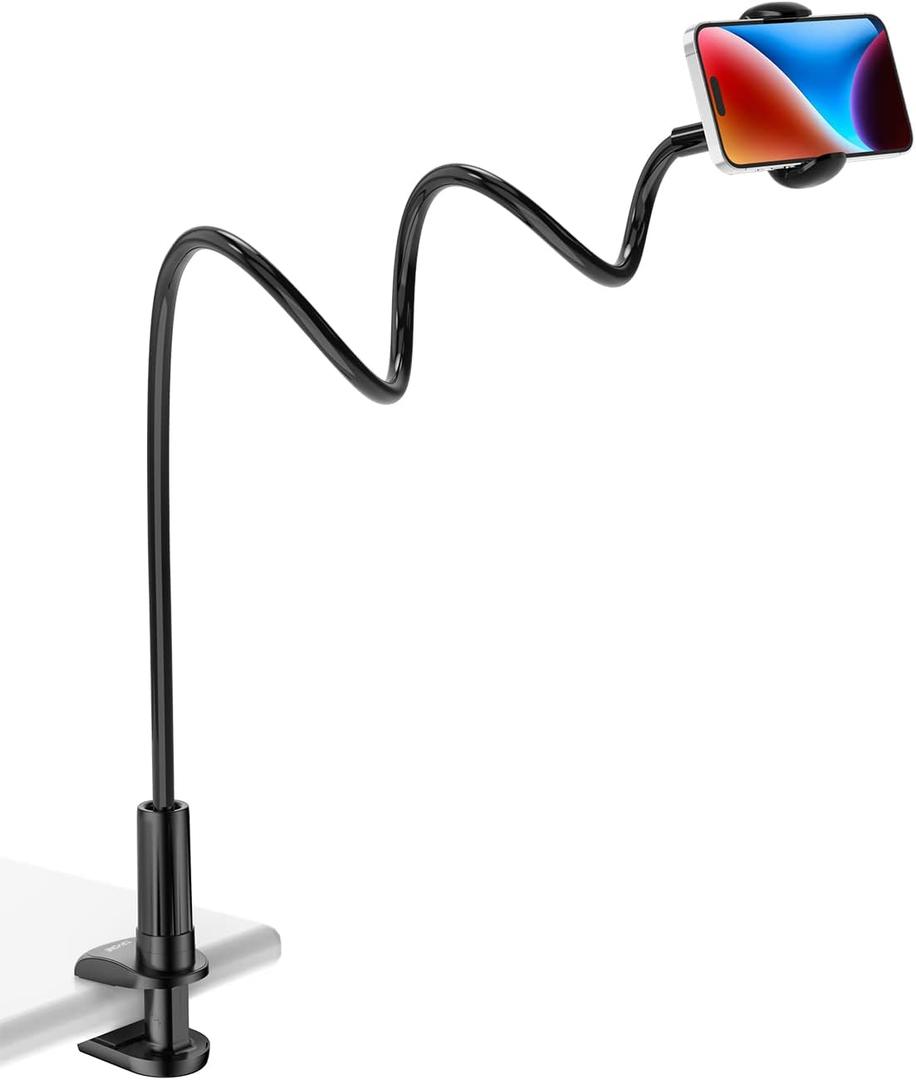 Tryone Gooseneck Phone Holder Stand for Bed Flexible Arm Adjustable Cell Phones Mount Clamp on Desk Bedframe Compatible with iPhone 14 Pro Max 13 12 11 X SE Series/Samsung S22 or Other 4"-7" Devices (Black)