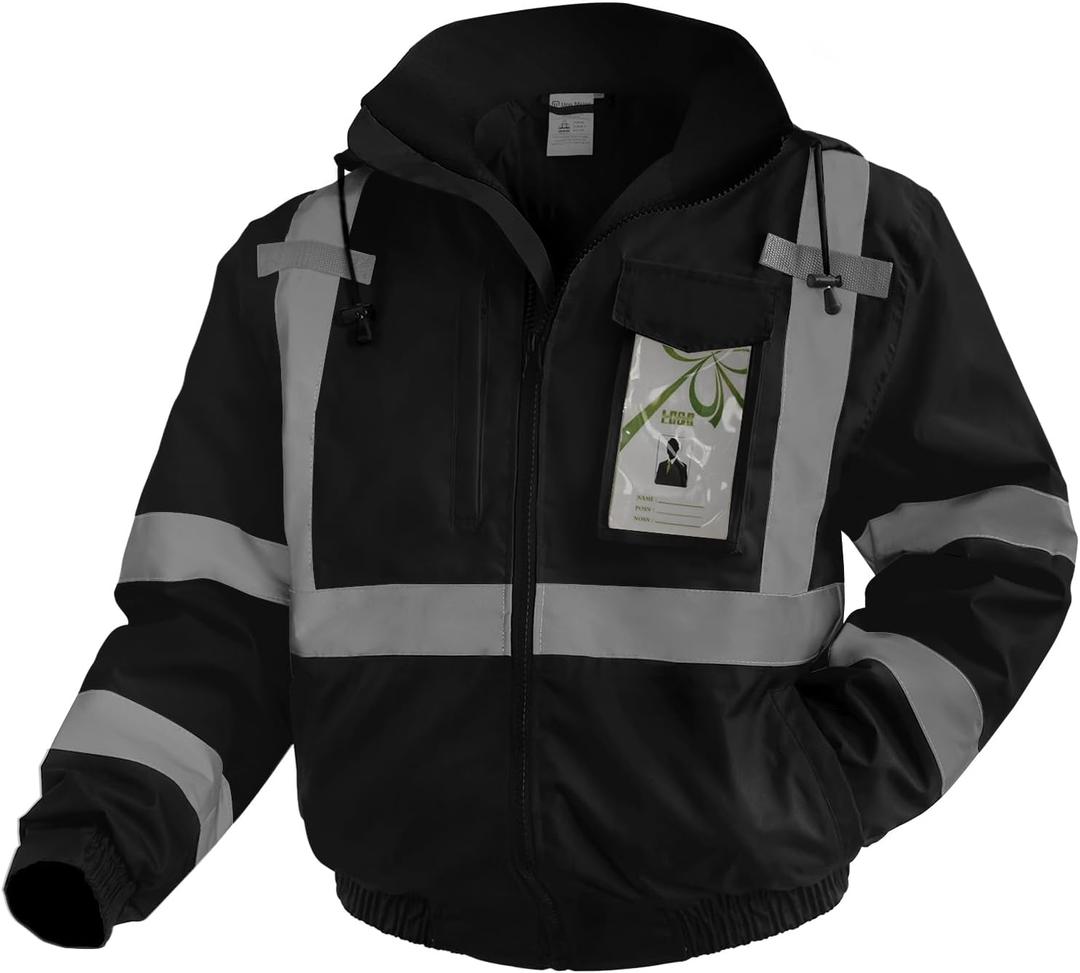 Hi Vis Rain Jackets, Reflective Safety Jacket with Pockets for Men& Women, Construction Coats for Cold Weather, Waterproof Rain Gear, Class 3, Black Standard, 4XL
