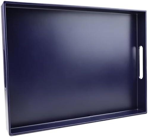 SforGUVA Navy Blue Serving Tray for Coffee Table, Rectangular Plastic Decorative Tray with Handles for Entertaining, Outdoor Patio, Living Room, Ottoman, Bathroom Counter, 11.8”*15.7”*1.6”