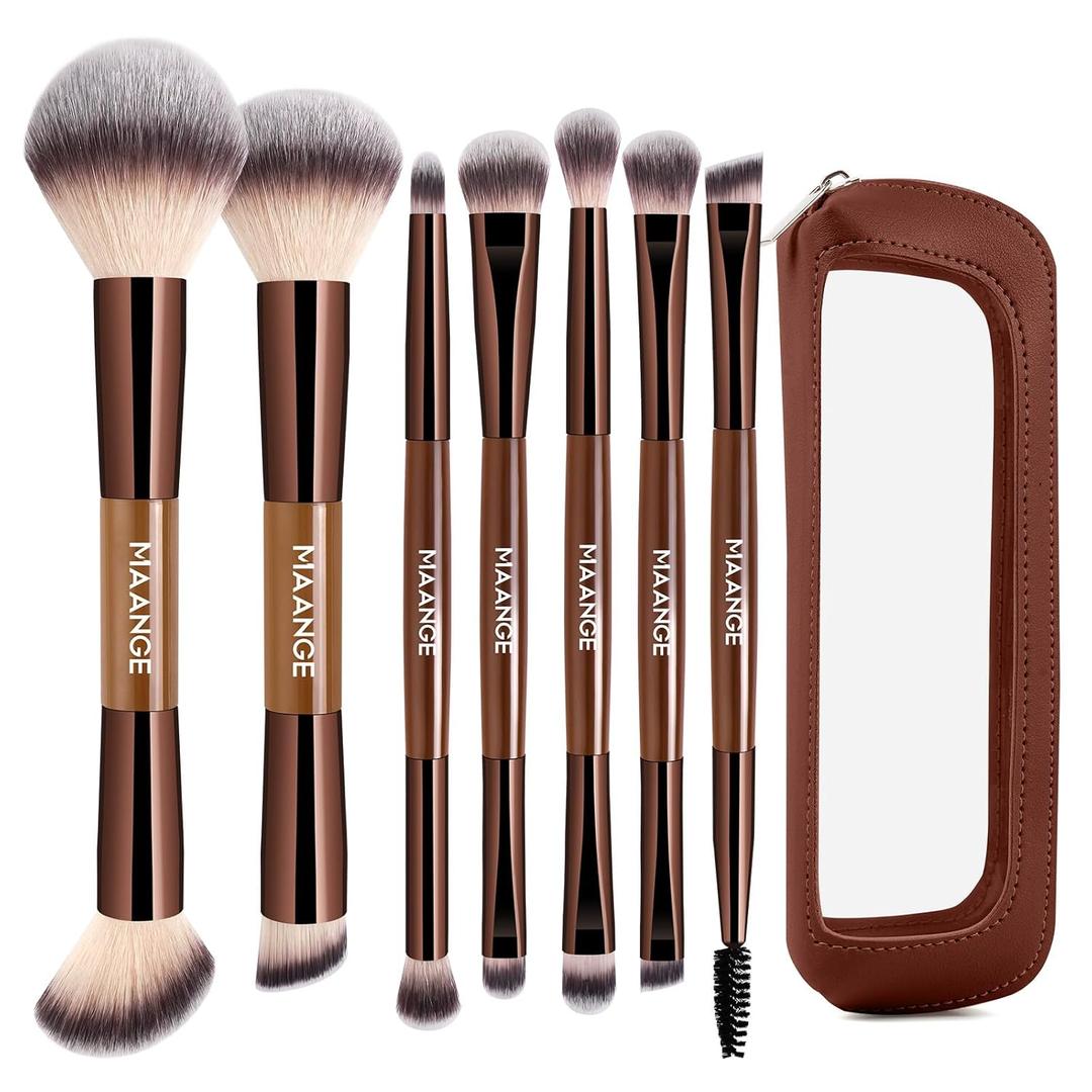 MAANGE 7 PCS Foundation Makeup Brush Set With Bag, Make up Brushes, Eyeshadow Concealer Brush, Double-ended Foundation Contour Powder Blush, Professional Face brush Set Tools For Liquid,Cream(Apricot)