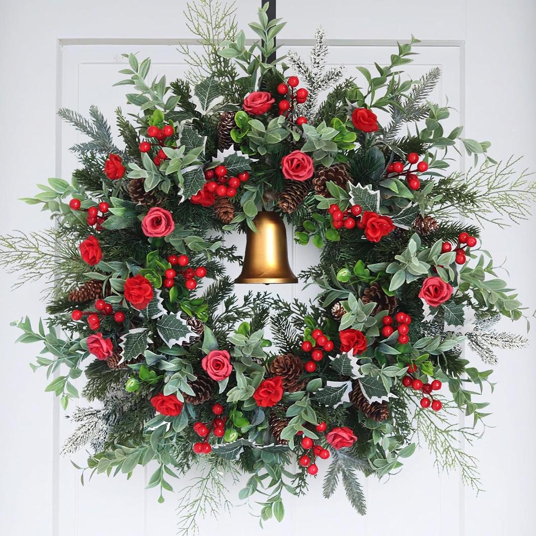 30inch Christmas Wreath, Artificial Winter Wreaths for Front Door with Bell Pinecone Berries for Outdoor Indoor Wall Tree Table Farmhouse Holiday Wedding Birthday Party Decorations