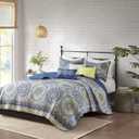 Madison Park Tangiers Quilt Modern Classic Design All Season, Breathable Coverlet Lightweight Bedding Set, Matching Shams, Decorative Pillow, Full/Queen, Circle Blue 6 Piece 