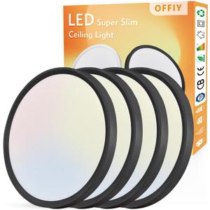 4PK 12 Inch LED Flush Mount Ceiling Light, 24W, 2520LM, 3000K/4000K/6000K CCT Selectable Super Slim LED Ceiling Light, Close to Ceiling Round Flat Panel Light for Hallway, Bedroom,Kitchen ect (Black)