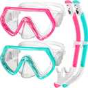 2 Sets Kids Snorkeling Gear for Ages 3-14, Anti-Fog 180 Clear View Dry Top Snorkel Set, Swimming Mask with Nose Cover & Tempered Glass Goggles for Youth Boys Girls Junior