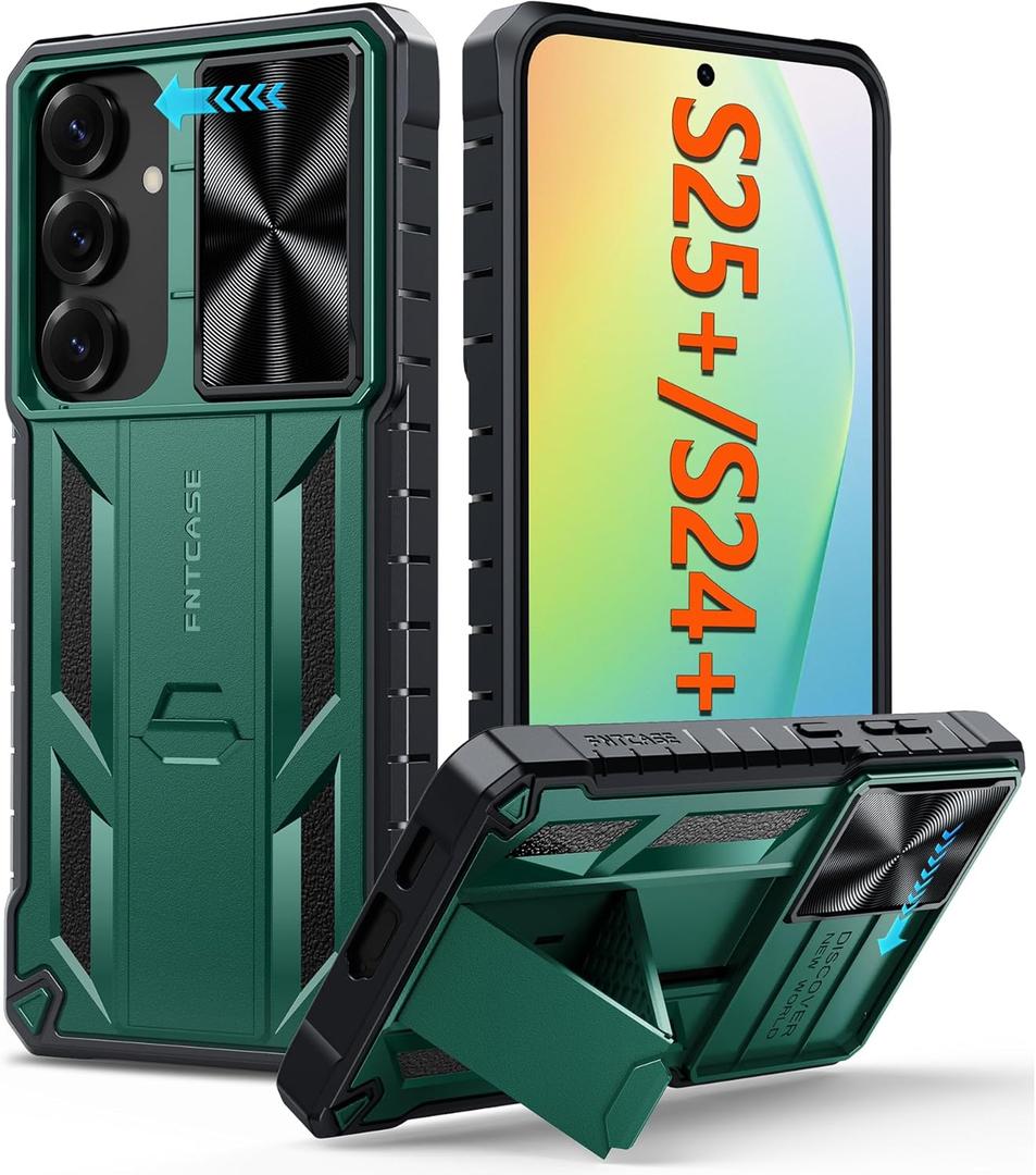 FNTCASE for Samsung Galaxy S25-Plus Case: Galaxy S24 Plus Military Grade Dropproof Cell Phone Cover with Kickstand & Slide | Heavy Duty Rugged Phonecase Bumper Textured | Heavy Duty Protector(Green)