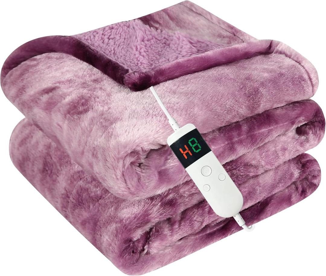 Electric Heated Blanket Throw 50''x60''Size Faux Fur Heating Blanket 10 Heating Settings, 1-8h Timer & Overheat Protection, Machine Washable, Soft Flannel and Sherpa Full Body Warmth (Purple)