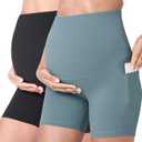 POSHDIVAH 2PCS Black Light Green Women's Maternity Yoga Shorts Over The Belly Bump Summer Workout Running Active Short Pants with Pockets 5" Small