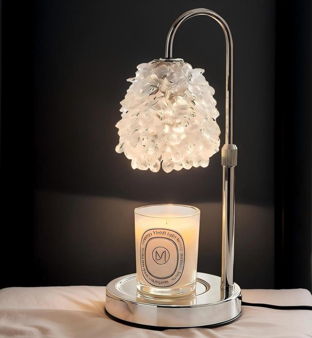 Candle Warmer Lamp with Timer & Dimmer, Adjustable Height Candle Lamp, Hand-Embedded Glass Crystal Lampshade, Valentines Day Gifts for Women/Mom, Wax Warmer for Home Decor (Silver)