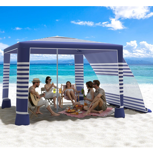 MoKo Beach Cabana, 8'x8' Large Beach Canopy with Side Wall, U0F 50+ Protection Easy Setup Beach Tent Sun Shelter, Adjustable Height Wind Resistant Cabana Beach Tent for Whole Family, Navy Stripes