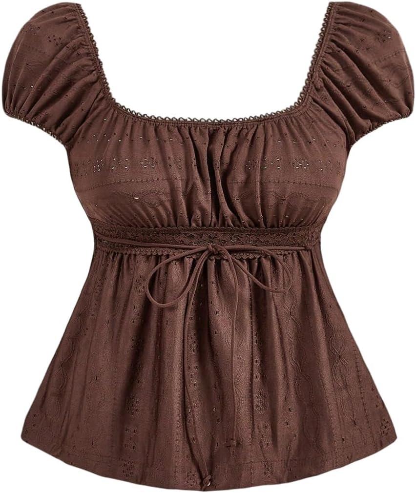 SOLY HUX Women's Square Neck Short Sleeve Peplum Tops Cute Summer Blouse for Teen Girls Babydoll Top T Shirt, Small