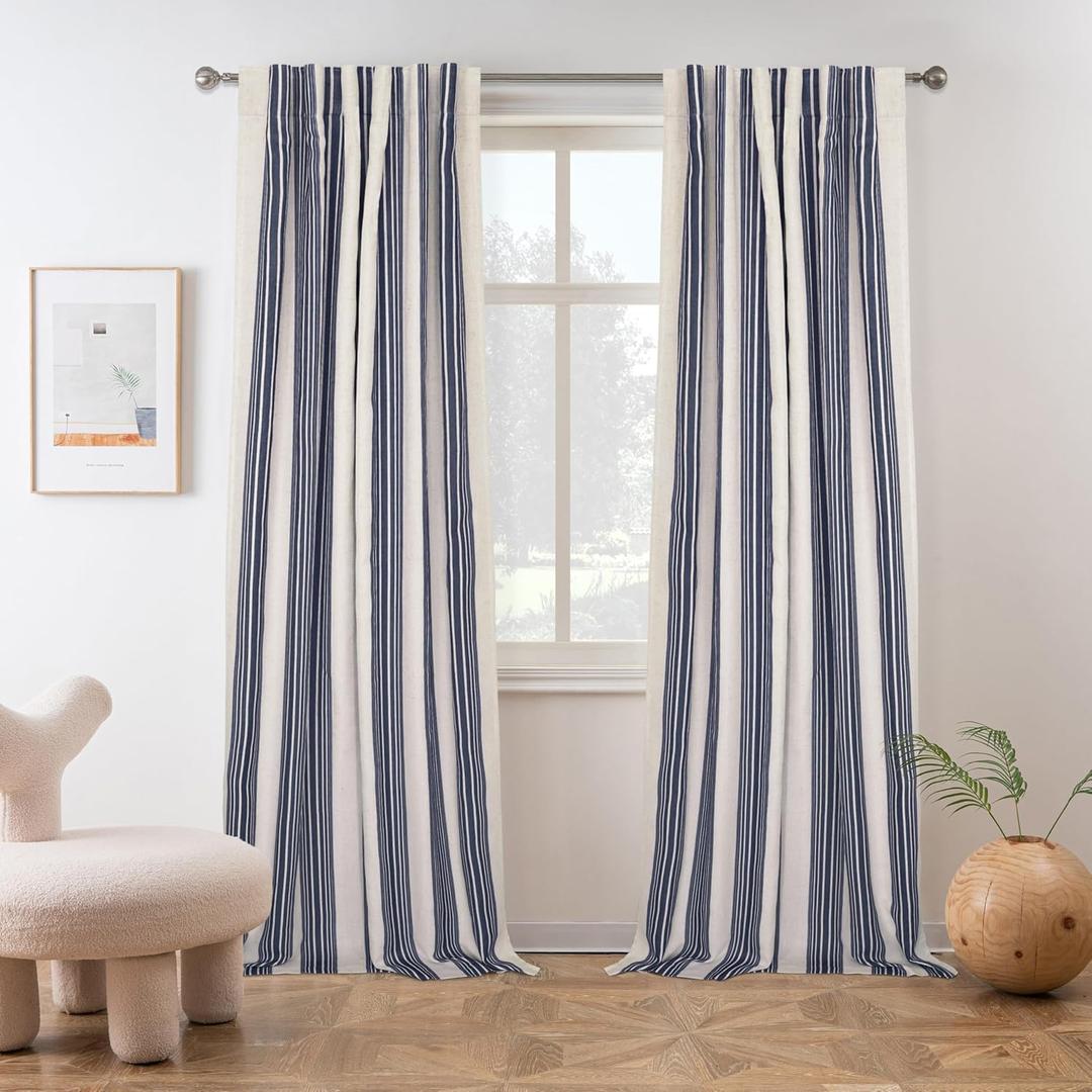 DriftAway Chris Linen Blackout Curtains with Thermal and Sound Reducing Layer 84 Inches Long for Bedroom Striped Printed Drapes Thermal Insulated Lined Window Treatment for Living Room Linen Dark Blue (52"W x 84"L (Pack of 2))
