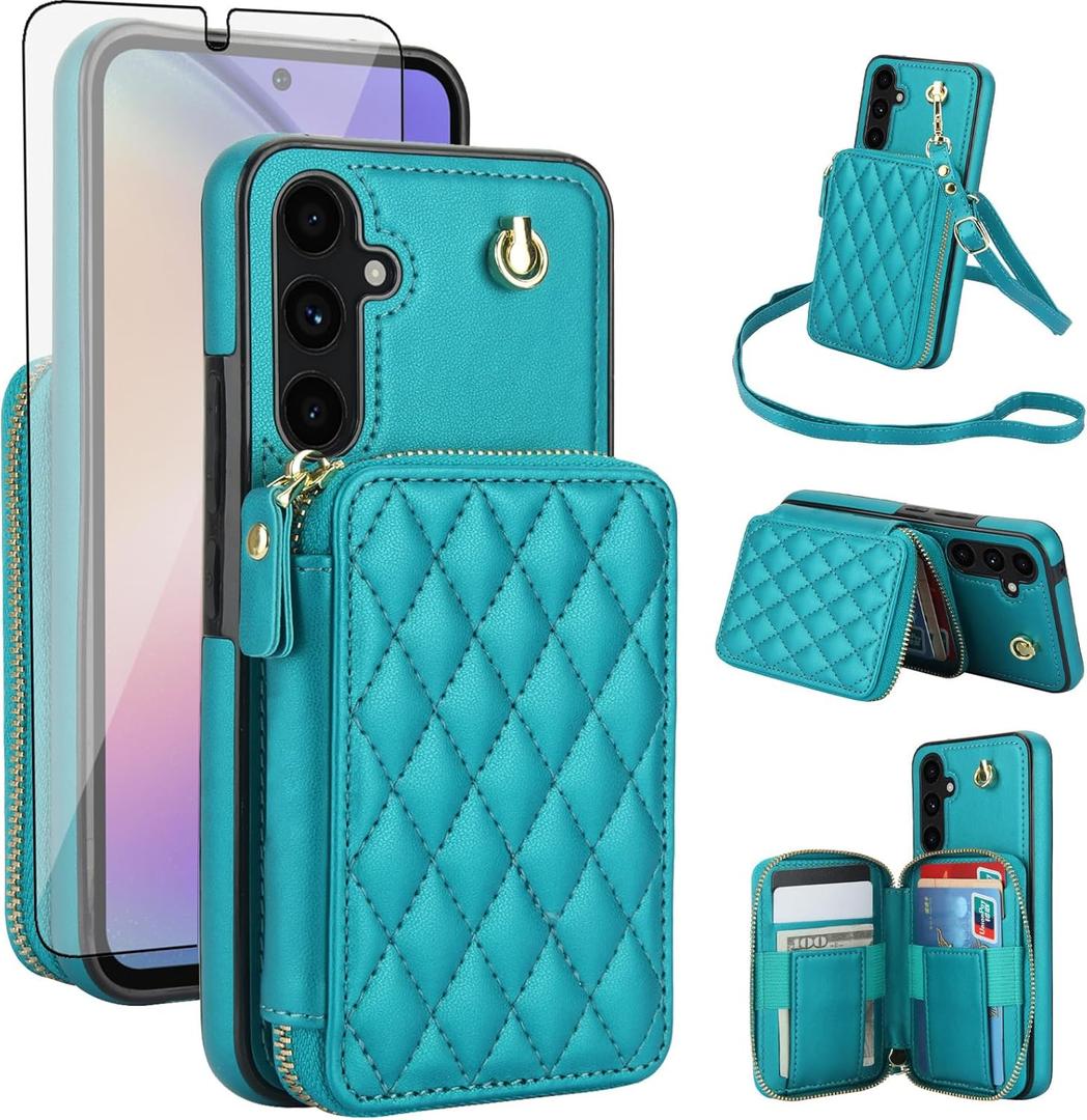 Phone Case for Samsung Galaxy A54 5G Wallet Cell Cover with Tempered Glass Screen Protector Wrist Crossbody Strap Stand RFID Blocking Credit Card Holder A545G A 54 54A 4G G5 SM A546U Women Girls Green